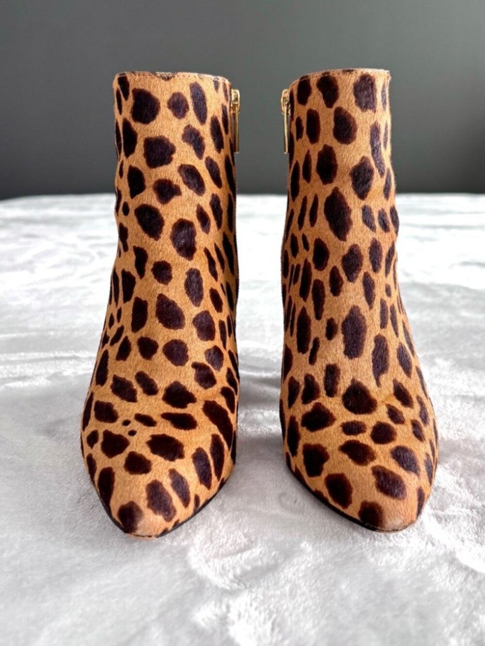 Vince Camuto "Thelmin" Block Heel Ankle Boots, Leopard Print Calf Hair, Size 5